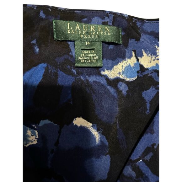 Lauren Ralph Lauren Blue Black Abstract Print Ruched Wrap Dress Cap Sleeve Size - Picture 6 of 11